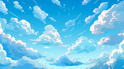 Canvas Print - blue sky with clouds. anime style background with shining sun and white fluffy clouds. heaven's with