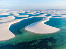 Drone Shot Of Fresh Rain Water Lagoons With White Sand Dunes At Lençóis Maranhenses National Park In Brazil