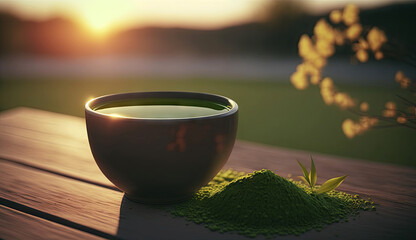 Matcha green tea in cup on wooden table with finely ground powders and flowers in spring season, calm and relax tea, hot beverage, Morning drinks with Generative AI.