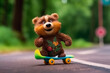 © vladdeep - Cute 3d brown bear on skateboard or longboarding on street. Realistic character. AI generative