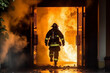 Brave firemen in protective gear running through smoke and fire. AI generative