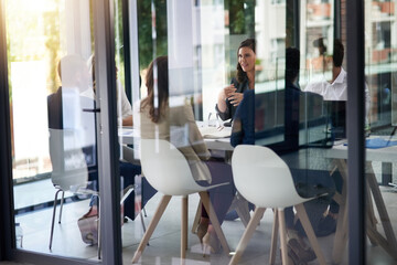 Aufkleber - Meeting, boardroom and collaboration with a business team in a glass office for planning or strategy. Corporate, management and training with an employee group in the workplace for a training seminar