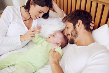 Sticker - Top view of mother, father and baby in bedroom for love, care and quality time together at home. Happy parents, family and newborn kid relax on bed with support, childhood development and nurture