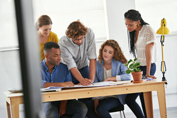 Poster - Diversity, business people and writing with documents for planning, teamwork or collaboration at the office. Group of employees in meeting working on paperwork together for project plan at workplace