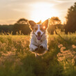 happy and energetic dog running through a lush green field 