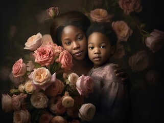 Wall Mural - african american woman holds daughter background of the bouquet of pink flowers