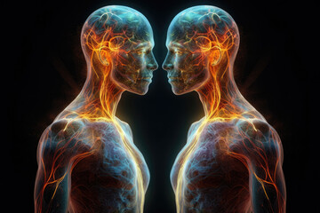 Wall Mural - two spiritual human bodies on dark background. souls connection. created with generative ai