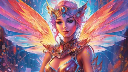 A fairy with cybernetic wings. Fantasy concept , Illustration painting. Generative AI