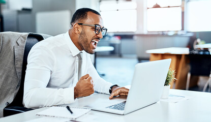 Canvas Print - Business man, laptop and trading, winning in investment with celebration and cheers in office with excited employee. Male trader at desk, pc and bonus with investing success, winner and achievement