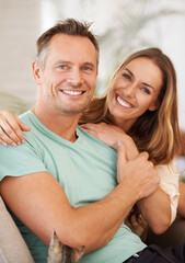 Poster - Portrait, marriage and couple with love, hug and bonding for relationship, happiness and partners. Face, happy man and woman with a smile, loving and romance with affection, home and quality time