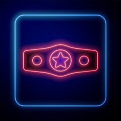 Wall Mural - Glowing neon Boxing belt icon isolated on black background. Belt boxing sport championship winner fight award. Vector