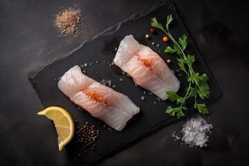 Savor the delicious flavors of two haddock fillets prepared with herbs, spices and lemon, served on a black slate tray - AI Generative