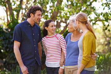 Poster - Happy family, parents with kid and grandmother in nature, happiness and freedom outdoor in park together. Love, trust and support with people spending quality time outside with care and generations