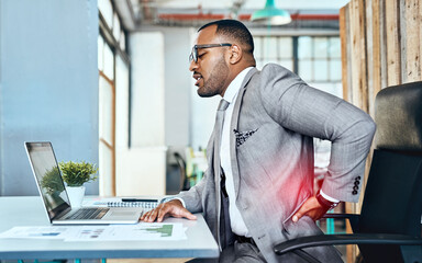 Sticker - Business man, back pain and stress with red overlay, bad posture and burnout with medical problem at office. Male corporate person at desk with backache, anatomy and health crisis with injury