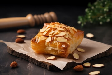 fresh puff pastry with almonds, close-up, created with Generative AI Technology