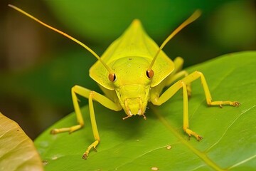 Sticker - green grasshopper perched on a green leaf, with detailed texture and vibrant colors Generative AI