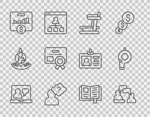 Wall Mural - Set line Online education, Two sitting men talking, Treadmill machine, Head with question mark, Key performance indicator, Certificate template, Reading book and Whistle icon. Vector