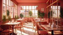 Generative Ai Illustration Of A Red Cafe Interior With Green Plants