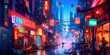 Leinwanddruck Bild - Lovely anime Cyberpunk City Painting, digital painting, night. Generative AI