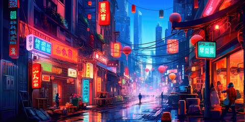 lovely anime cyberpunk city painting, digital painting, night. generative ai