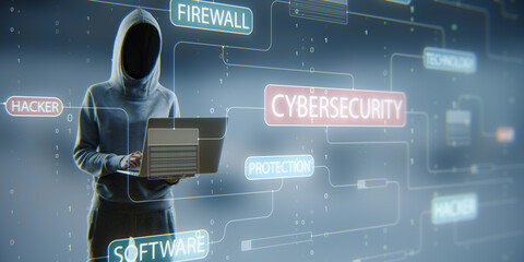 Wall Mural - Hacker standing and using laptop with glowing hacking hologram with binary code and lines. Cybersecurity, firewall, technology and software protection concept. Double exposure.