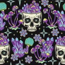 Surreal Pattern With Human Skull, Crystals, Mushrooms, Stars. Concept Of Sacred Spirit, Magic, Extended Mind. Psychedelic Surreal Illustration. For Prints, Clothing, T Shirt, Textile, Surface Design