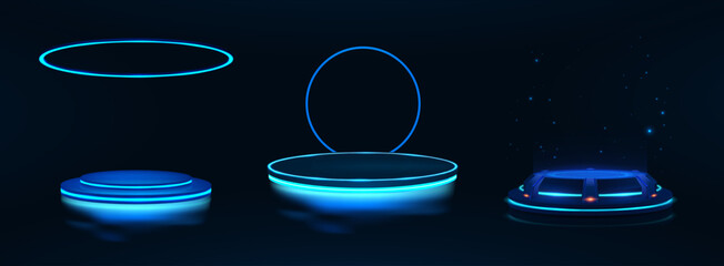 Wall Mural - futuristic 3d podiums with neon, reflection, light in cyberpunk style. show product in 3d circle sta