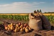 potato harvest in a field with a farmer gathering the crop Generative AI