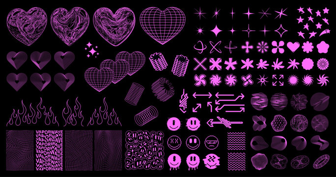 Wall Mural -  - Vaporwave, synthwave, Y2K universal geometric shapes, 3D elements with glitch and liquid effect. Retrofuturistic y2k shapes from 00s, 90s, 80s. Hearts, grids, emoji, wireframe, stars, icons. Rave set