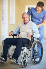 Wall Mural - Portrait, nurse or old man in wheelchair in hospital helping an elderly patient for trust or support in clinic. Happy, caregiver or healthcare social worker talking to senior person with a disability