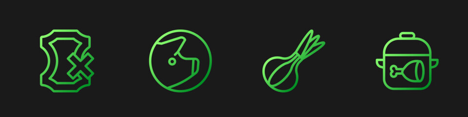 Set line Onion, No leather, Pig and Cooking pot and chicken leg. Gradient color icons. Vector