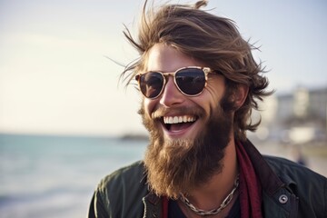 Laughing young man wearing a long hipster beard looking at the camera. Generative AI