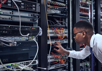 Black man, IT technician and server room for cyber security, data or network storage inspection. African male person or networking administrator checking system, cables or installation at datacenter