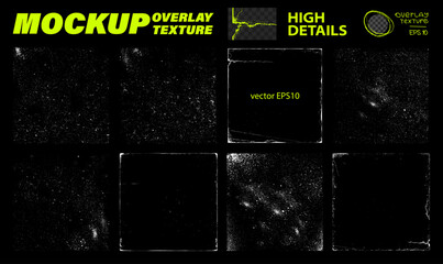 Fototapete - Square textures for overlay and vintage effect, worn edges, vintage, concrete, damage, scratches, dust, grainy. Overlay texture stamps template for background, album cover, vinyl. Vector isolated set
