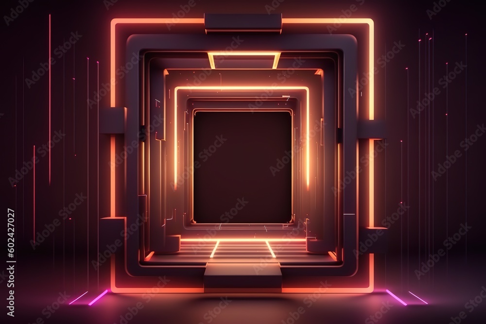 3d render, abstract geometric neon background with glowing square frame ...