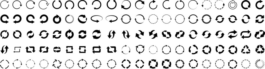 Circle arrows. Round reload or repeat icon, rotate arrow and spinning loading symbol. Refresh icon vector set. Vector illustration