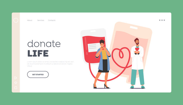 donate life landing page template. doctor and donor characters showing heart symbol. donating blood 