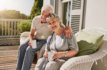 Wall Mural - Hug, patio and portrait of senior couple with coffee enjoying bonding, quality time and relax in morning. Love, retirement and elderly man and woman embrace with drink for breakfast outdoors at home