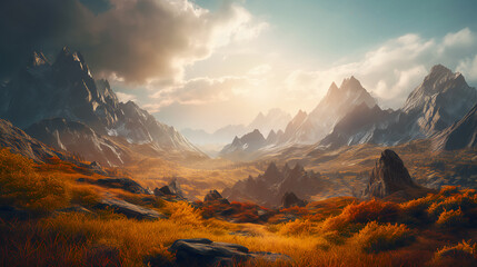  landscapes, sunset over the mountains, nature, water, grass, environment, peace, Generated by AI