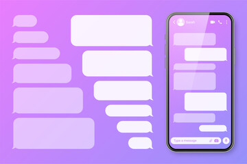 Realistic smartphone with messaging app on colorful violet background. Blank SMS text frame. Chat screen with transparent message bubbles. Social media application. Vector illustration