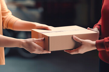 Woman hands accepting a delivery of box or parcel. Cardboard box delivery, gift concept. Generative AI