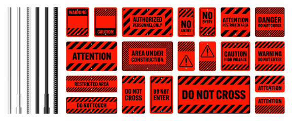 Warning, danger signs, attention banners with metal poles. Red caution sign, construction site signage. Notice signboard, warning banner, road shield. Vector illustration