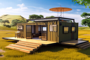 Container modular portable house with solar panels on the roof and porch. Concept. Generative AI