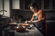 Male Asian middle aged cooking in kitchen apron chef attire. Generative AI AIG23.