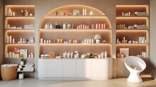 A Chic Beauty Salon With Shelves Displaying Various Personal Care Products, Cosmetics, And Skincare Items. Generative Ai
