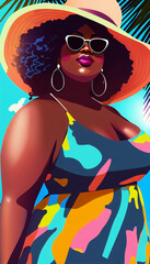 summer beach lady in cute bold fun illustration style, bright colors, high contrast cheerful style; 