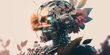 Double Exposure Kaleidoscopic Glam Metal Robot Florists. Glorious Generative AI.