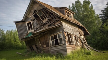 Abandoned and Aged: Crooked Leaning Old House - a Real Estate Nightmare: Generative AI