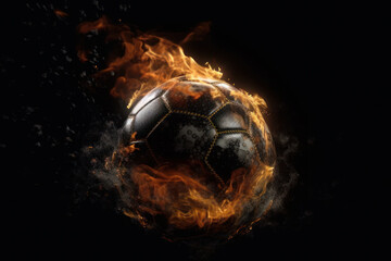 Wall Mural - Burning soccer ball on black background, a symbol of the fierce competition and passion for the sport, AI Generative.