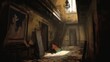 © Badger - creepy interior of an abandoned building background, concept art, digital illustration, haunted house, scary interior, Generative AI
